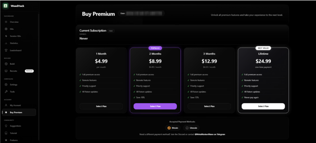 What it looks like to buy a subscription from WeedHack. 